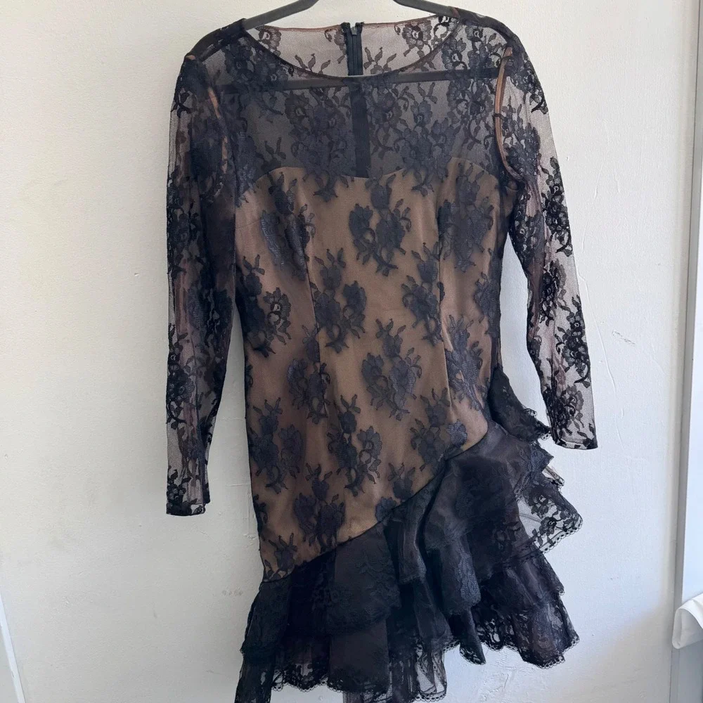 Victor Costa Black Lace Long Sleeve Tiered Mini Dress over Nude Slip - Picture 2 of 14